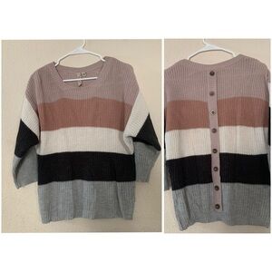 MISIA Striped Color Block Knit Sweater Womens Size M Gray Pink Button Back